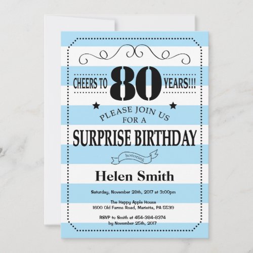 Surprise 80th Birthday Blue and White Stripes Invitation