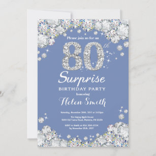 Surprise 80th Birthday Blue Silver Diamond Invitation