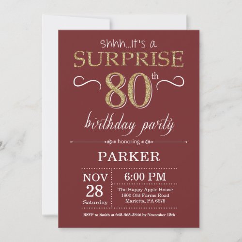 Surprise 80th Birthday Burgundy and Gold Glitter Invitation