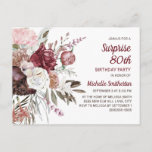 Surprise 80th Birthday Burgundy Blush Pink Floral Postcard<br><div class="desc">Elegant burgundy,  blush pink,  and cream-colored floral Surprise 80th birthday party invitation for women.  You can customize the text on this card for a birthday party for any age you are celebrating.</div>