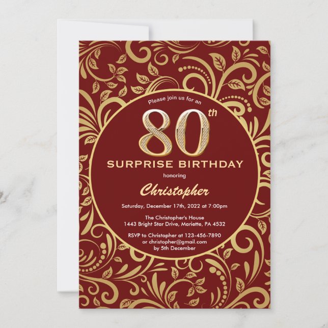 Surprise 80th Birthday Burgundy Red & Gold Floral Invitation (Front)