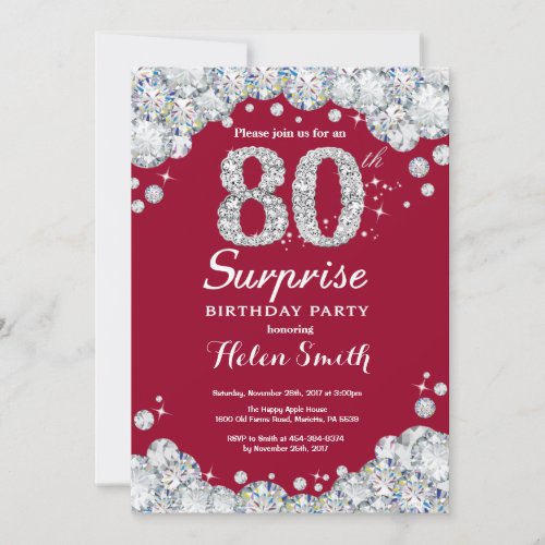 Surprise 80th Birthday Burgundy Red Silver Diamond Invitation