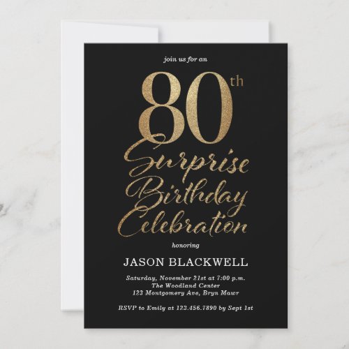 Surprise 80th Birthday Celebration Black  Gold Invitation