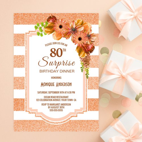 Surprise 80th Birthday Dinner Apricot Floral Party Invitation