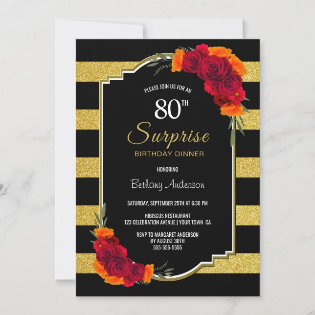 Surprise 80th Birthday Dinner Black Gold Striped Invitation (Front)