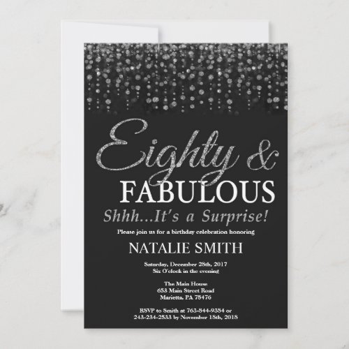 Surprise 80th Birthday Eighty and Fabulous Silver Invitation