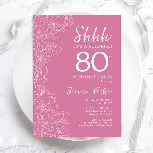 Surprise 80th Birthday - Floral Pink Invitation (Creator Uploaded)