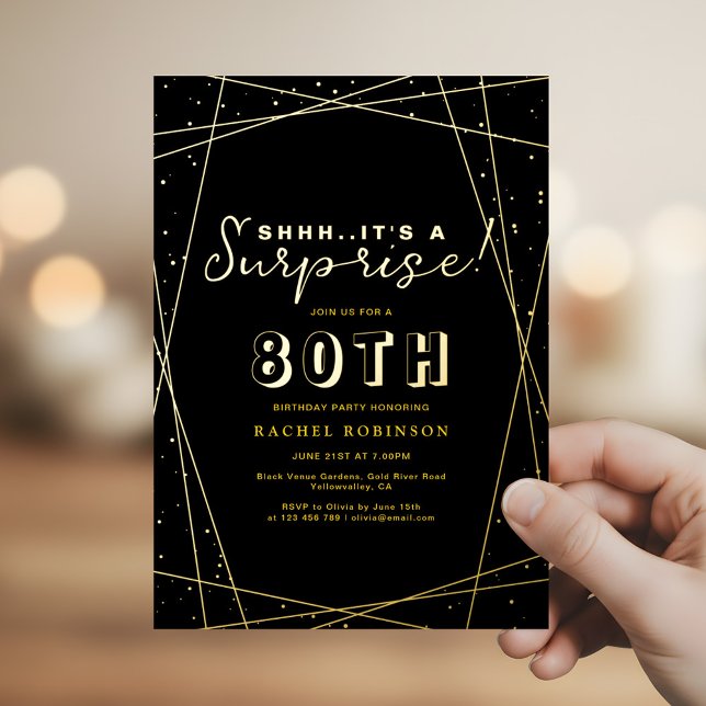 Surprise 80th Birthday Geometric Black & Gold Foil Invitation (Creator Uploaded)