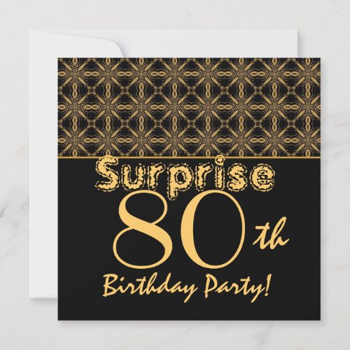 SURPRISE 80th Birthday Gold and Black Vintage Invitation