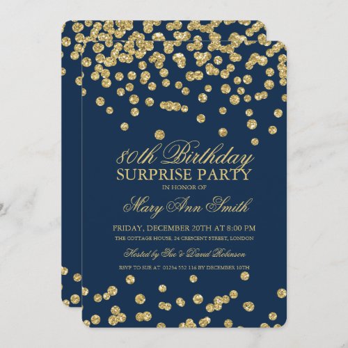 Surprise 80th Birthday Gold Glitter Navy Blue Invitation