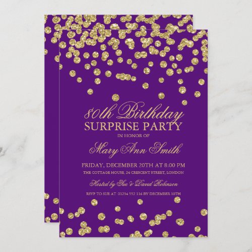 Surprise 80th Birthday Gold Glitter Purple Invitation