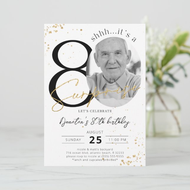 Surprise 80th Birthday Gold Photo Invitation (Standing Front)