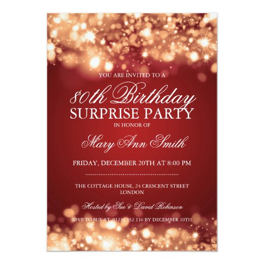 Surprise 80th Birthday Gold & Red Sparkling Lights Invitation | Zazzle.com