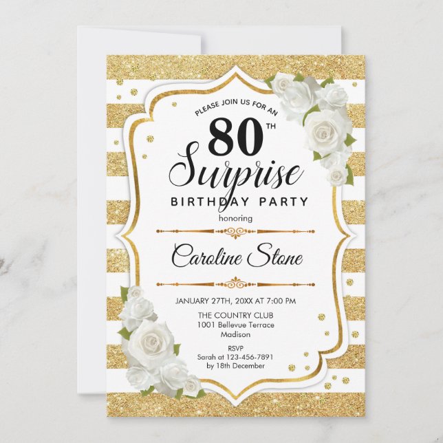 Surprise 80th Birthday - Gold White Invitation (Front)