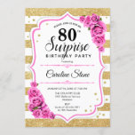 Surprise 80th Birthday - Gold White Pink Invitation<br><div class="desc">Surprise 80th Birthday Invitation.
Feminine white,  pink design with faux glitter gold. Features stripes,  blush pink roses,  script font and confetti. Perfect for an elegant birthday party. Can be personalized to show any age. Message me if you need further customization.</div>