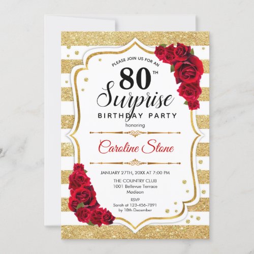 Surprise 80th Birthday _ Gold White Red Invitation