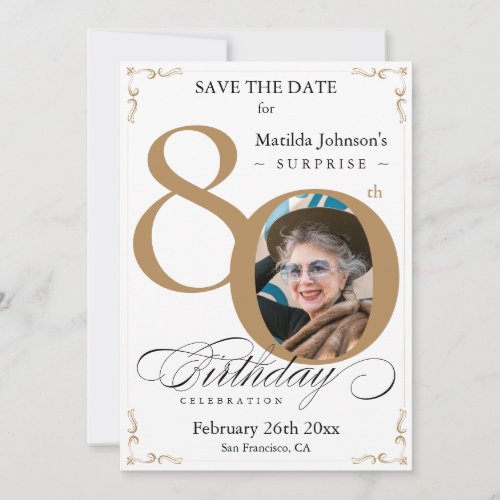 Surprise 80th Birthday  Gold White Save The Date Invitation