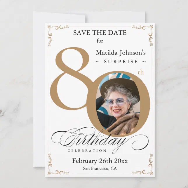 Surprise 80th Birthday Gold White Save The Date Invitation | Zazzle