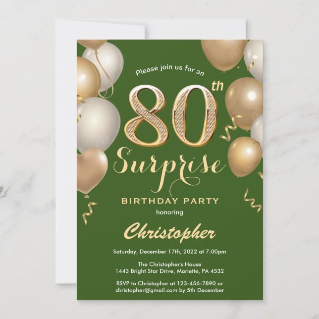 Surprise 80th Birthday Green and Gold Balloons Invitation (Front)