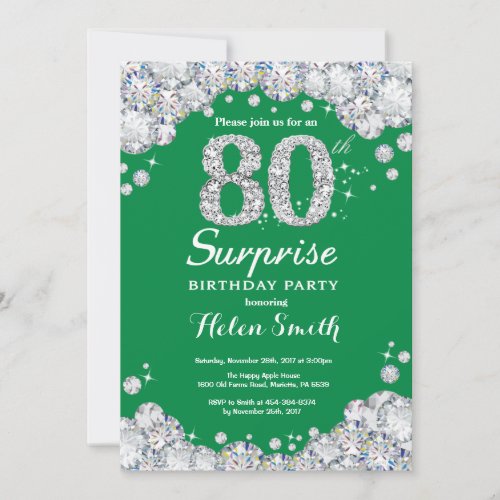 Surprise 80th Birthday Green and Silver Diamond Invitation