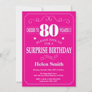 Surprise 80th Birthday Hot Pink and White Invitation