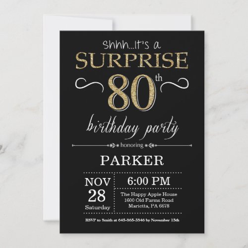 Surprise 80th Birthday Invitation Black and Gold