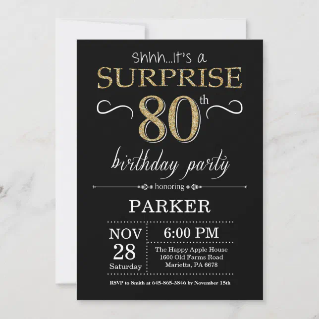 Surprise 80th Birthday Invitation Black and Gold | Zazzle