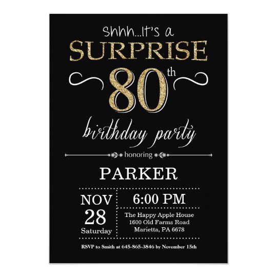 Surprise 80th Birthday Invitation Black and Gold | Zazzle.com