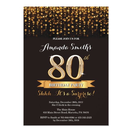 Surprise 80th Birthday Invitation Black and Gold | Zazzle.com