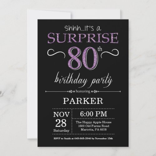 Surprise 80th Birthday Invitation Black and Purple