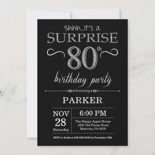 Surprise 80th Birthday Invitation Black and Silver