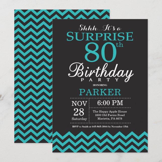 Surprise 80th Birthday Invitation Black and Teal (Front/Back)