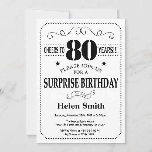 Surprise 80th Birthday Invitation Black and White