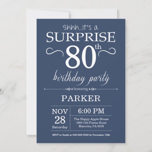 Surprise 80th Birthday Invitation Blue