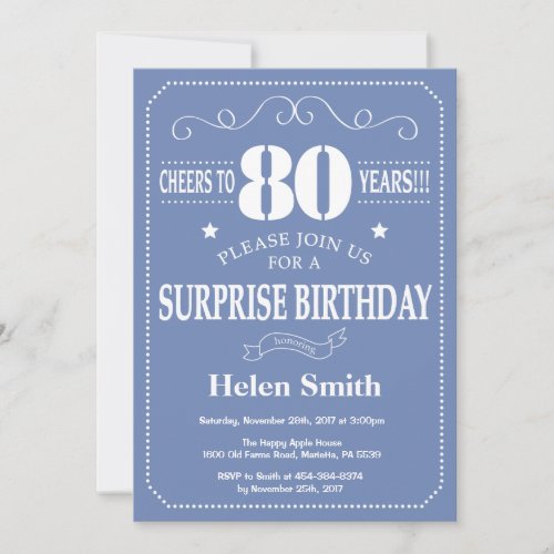 Surprise 80th Birthday Invitation Blue and White