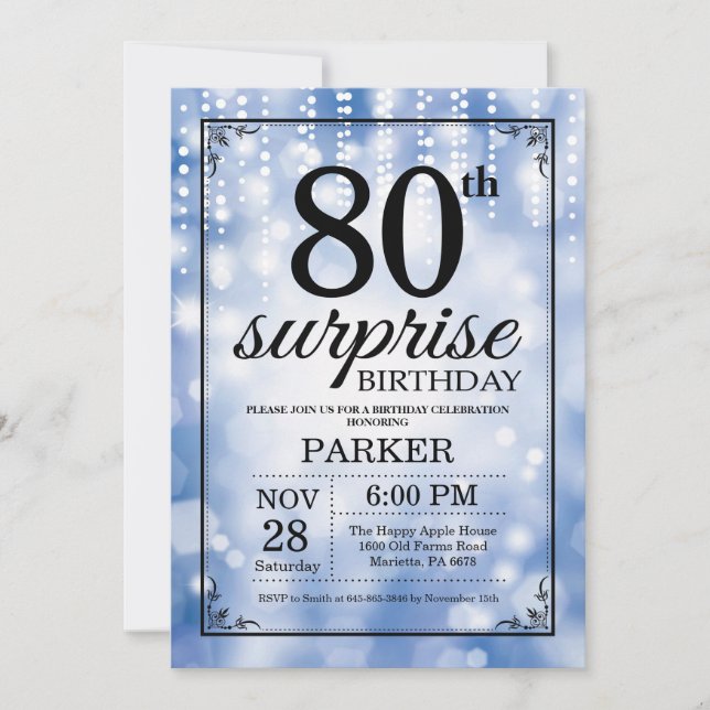 Surprise 80th Birthday Invitation Blue Glitter (Front)