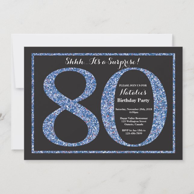 Surprise 80th Birthday Invitation Blue Glitter (Front)