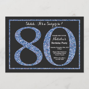 Surprise 80th Birthday Invitation Blue Glitter
