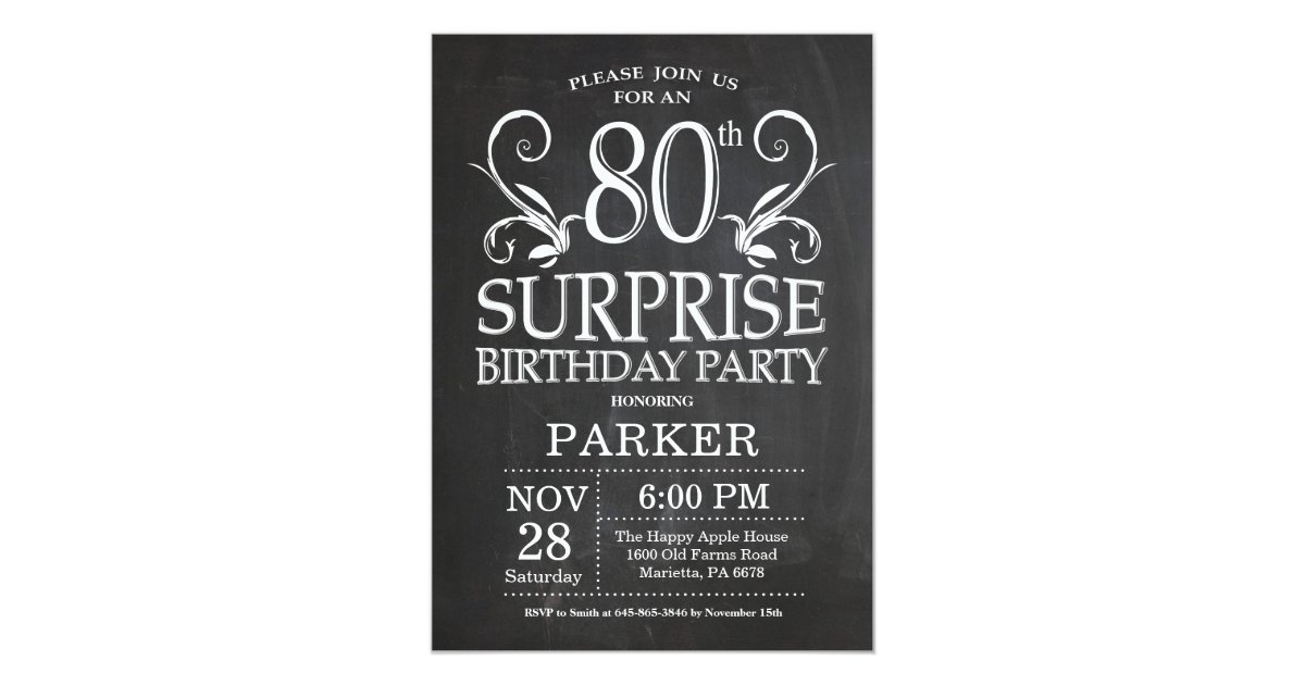 Surprise 80th Birthday Invitation Chalkboard | Zazzle.com