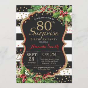 Surprise 80th Birthday Invitation Christmas Gold