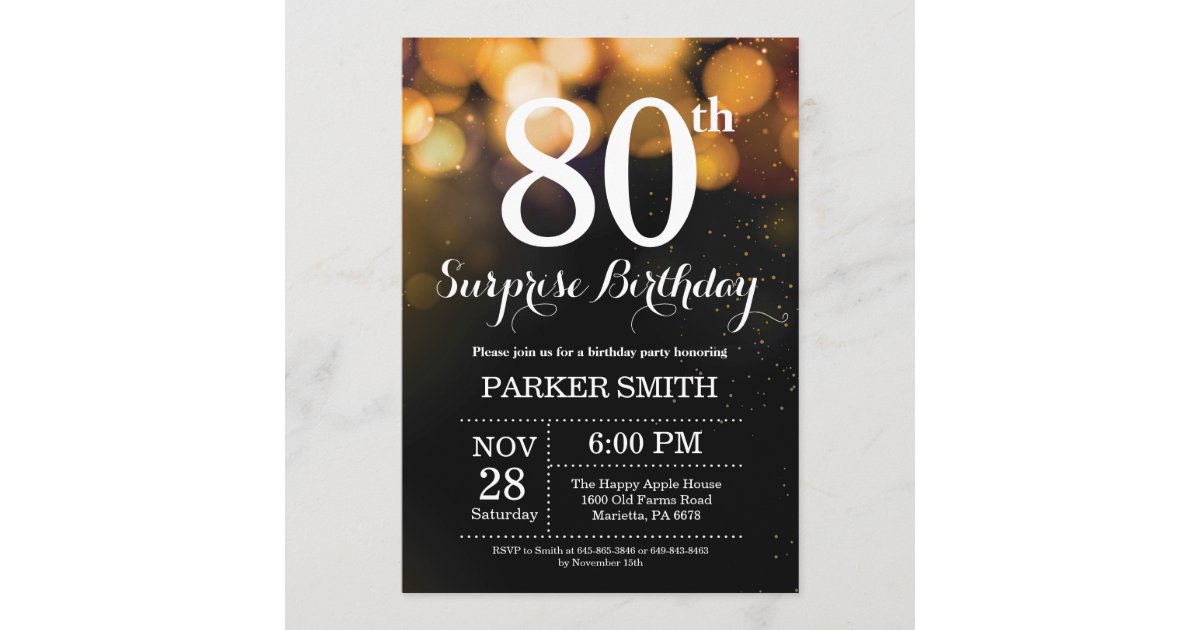 Surprise 80th Birthday Invitation Gold Glitter | Zazzle.com