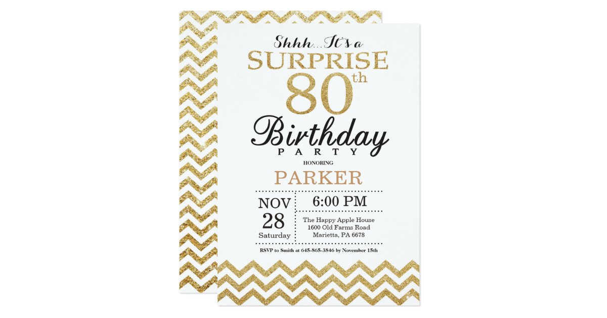 Surprise 80th Birthday Invitation Gold Glitter | Zazzle.com