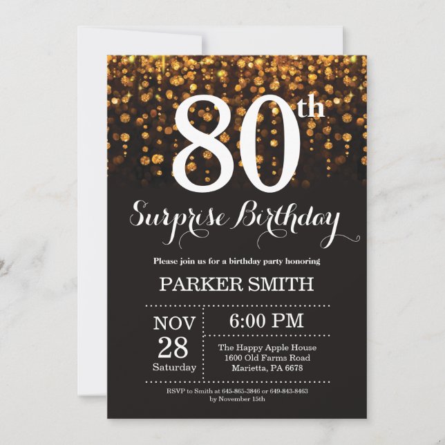 Surprise 80th Birthday Invitation Gold Glitter (Front)