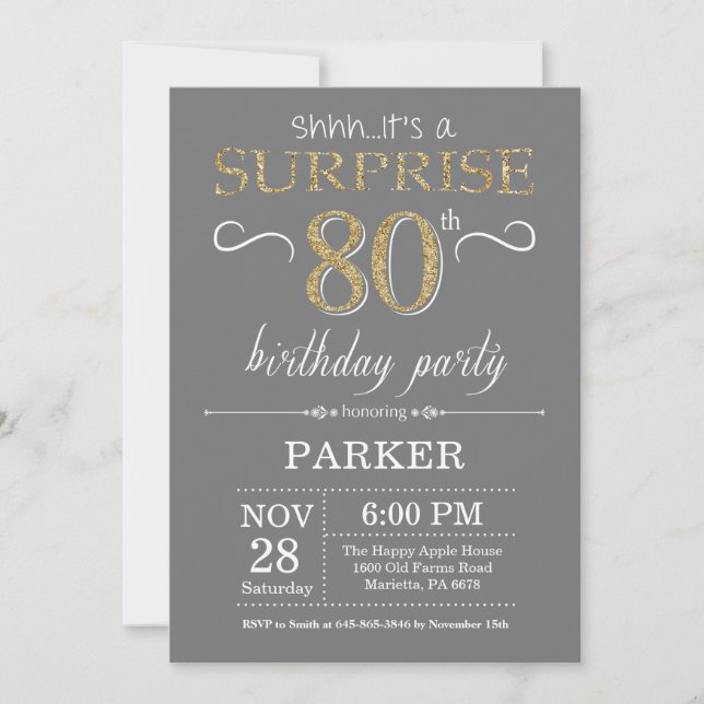 Surprise 80th Birthday Invitation Gray and Gold (Front)