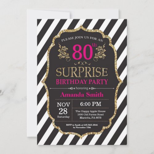 Surprise 80th Birthday Invitation Pink Black Gold