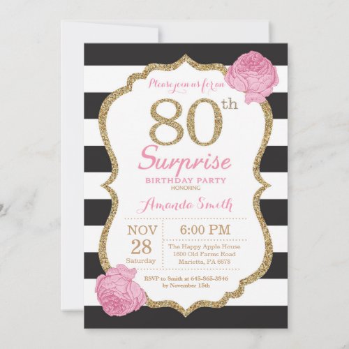 Surprise 80th Birthday Invitation Pink Black Gold
