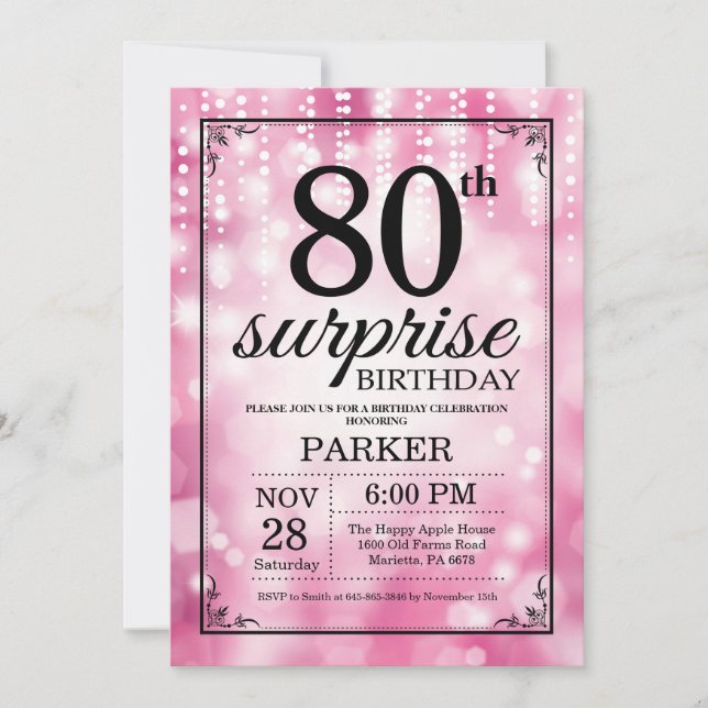 Surprise 80th Birthday Invitation Pink Glitter (Front)