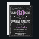 Surprise 80th Birthday Invitation Purple and Black<br><div class="desc">Surprise 80th Birthday Invitation Purple and Black Typography. Chalkboard. Black and White Background. Adult Birthday. Male Men or Women Birthday. Kids Boy or Girl Lady Teen Teenage Bday Invite. 13th 15th 16th 18th 20th 21st 30th 40th 50th 60th 70th 80th 90th 100th. Any Age. For further customization, please click the...</div>