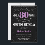 Surprise 80th Birthday Invitation Purple and Black<br><div class="desc">Surprise 80th Birthday Invitation Purple and Black Typography. Chalkboard. Black and White Background. Adult Birthday. Male Men or Women Birthday. Kids Boy or Girl Lady Teen Teenage Bday Invite. 13th 15th 16th 18th 20th 21st 30th 40th 50th 60th 70th 80th 90th 100th. Any Age. For further customization, please click the...</div>
