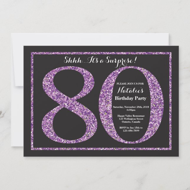 Surprise 80th Birthday Invitation Purple Glitter (Front)